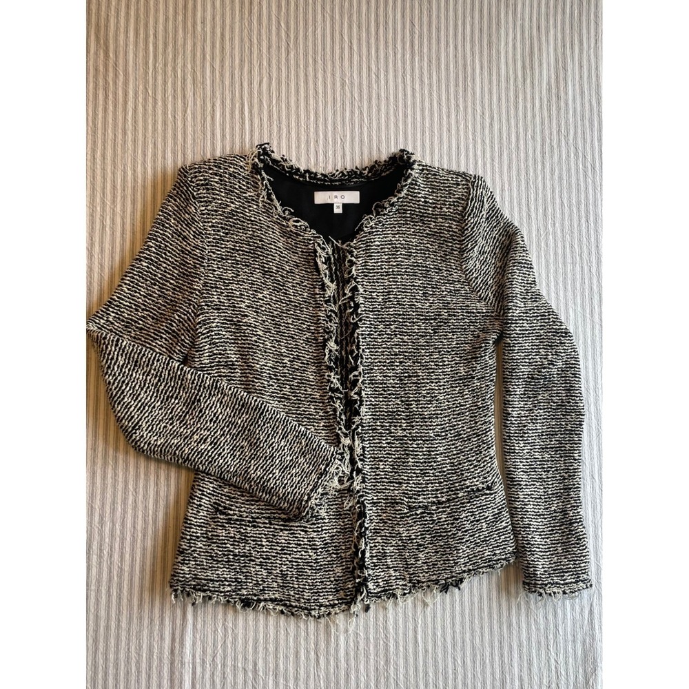 IRO Azure Tweed Jacket Black White Frayed Trim Open Front Cotton Blend Size 36